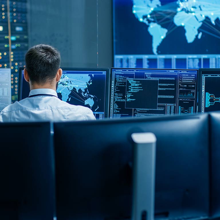 A view of computer screens showing a global network